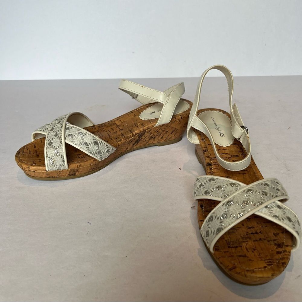 American Eagle Girl's Slingback Sandals Cork Wedge Cream/Silver Size 4 1/2